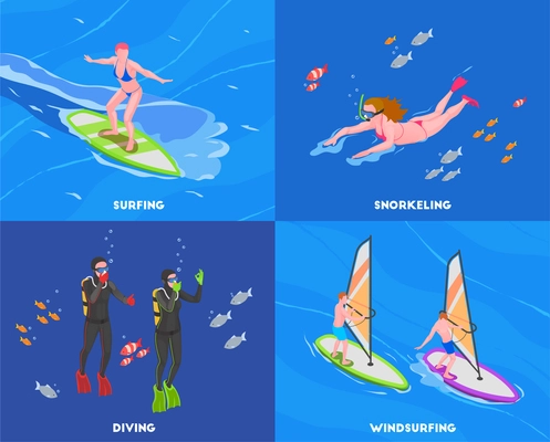 Four squares water sports isometric concept set with surfing snorkeling diving and windsurfing descriptions vector illustration
