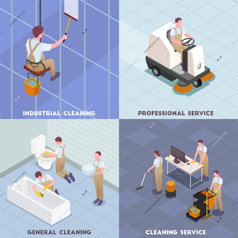 Cleaning isometric icon set with industrial cleaning professional service general cleaning descriptions vector illustration