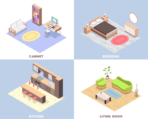 Four squares interior furniture isometric concept set with cabinet bedroom kitchen and living room descriptions vector illustration