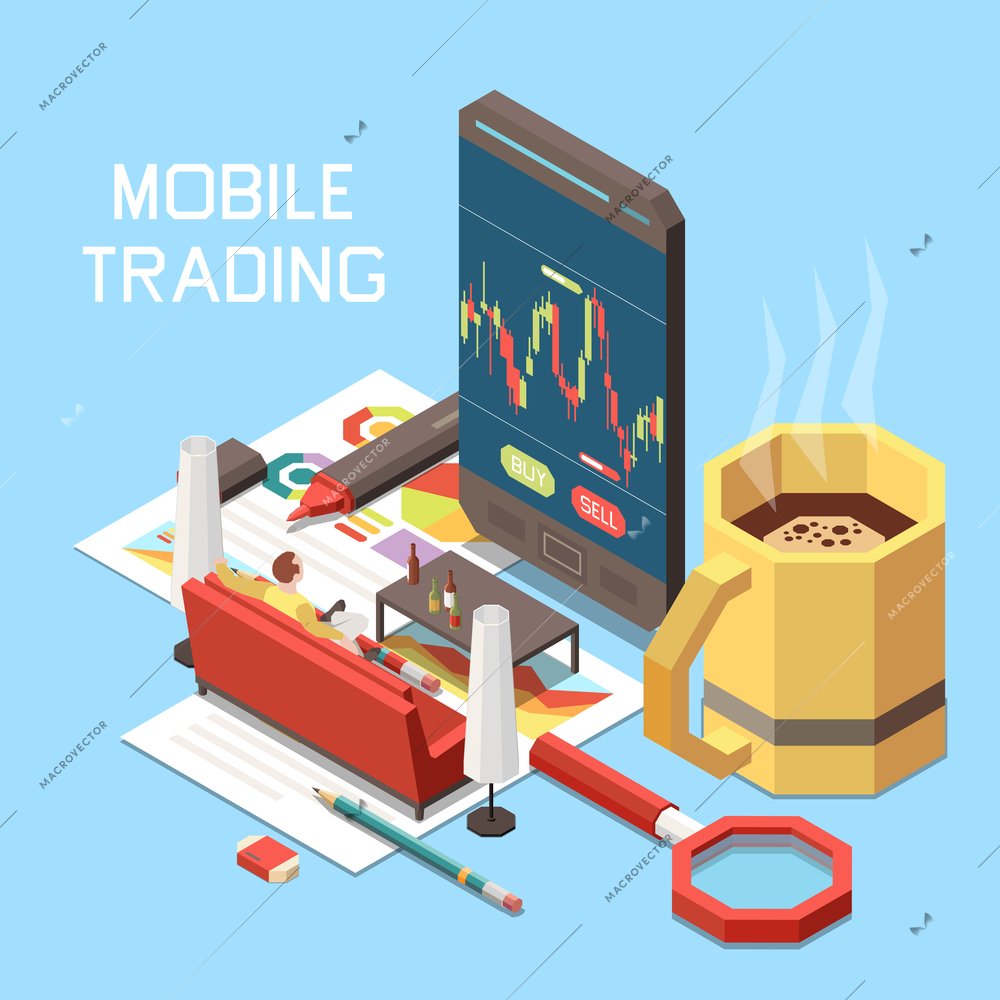 Online trading isometric concept with man sitting on sofa at home and smartphone 3d vector illustration