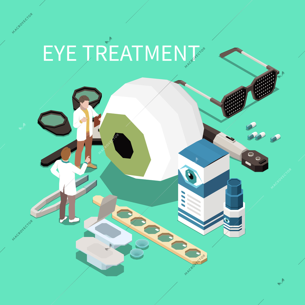 Ophthalmology isometric composition with ophthalmologists instruments and medicine for eye treatment 3d vector illustration