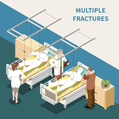 Injured people with multiple fractures in hospital 3d isometric vector illustration