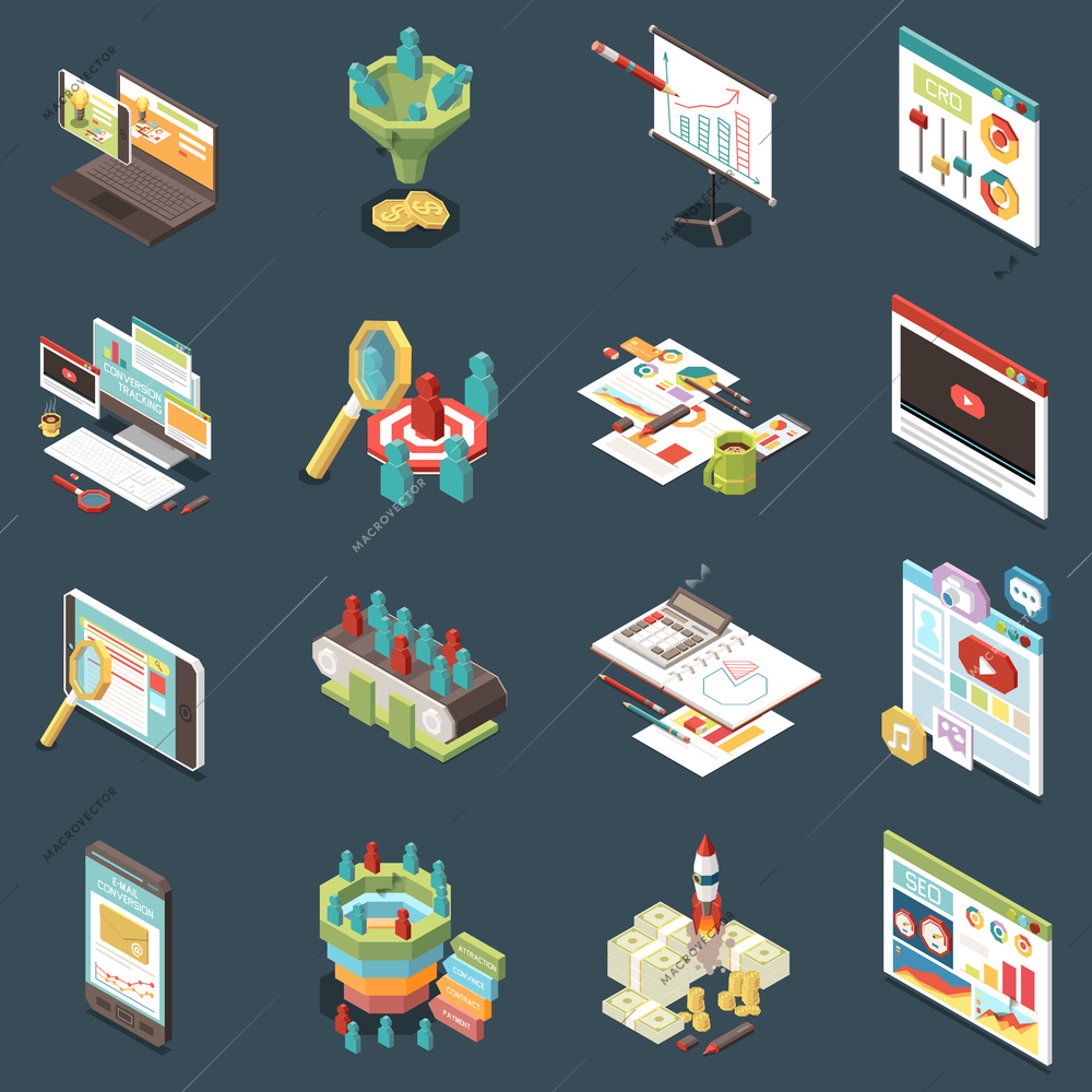 Isometric set of colorful conversion rate icons with marketing funnel tracking search engine optimization 3d isolated vector illustration