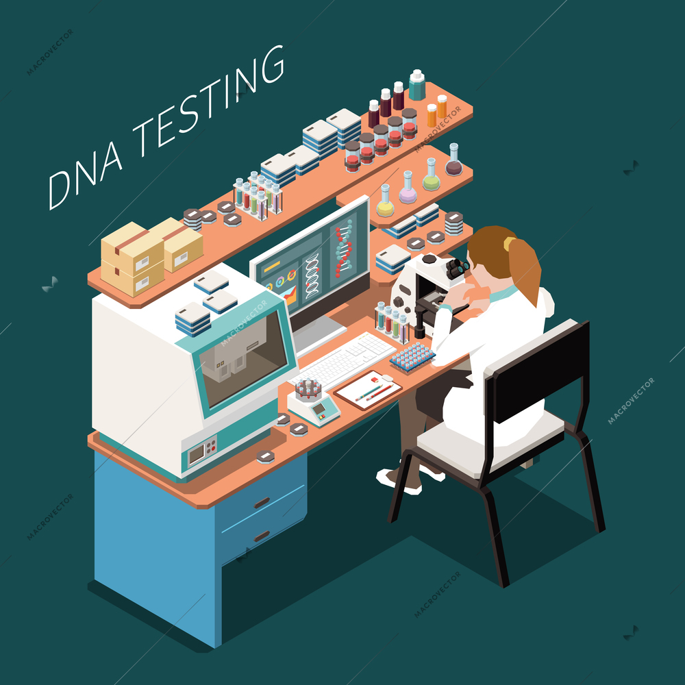 Female genetics scientist testing dna in laboratory 3d isometric vector illustration