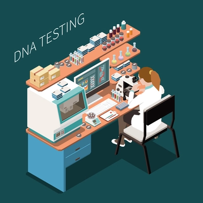 Female genetics scientist testing dna in laboratory 3d isometric vector illustration