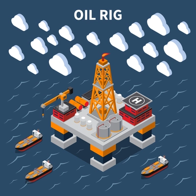 Isometric composition with oil rig and tankers 3d vector illustration