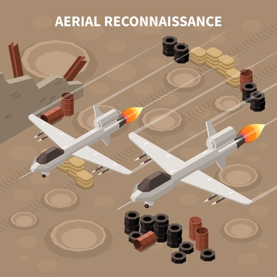 Drones quadrocopters isometric composition with images of flying military aircrafts performing reconnaissance and different ground objects vector illustration