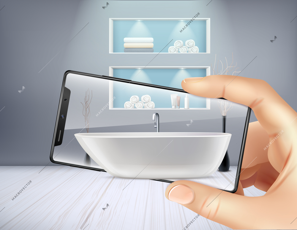 Augmented reality smartphone application and bathroom interior realistic background vector illustration