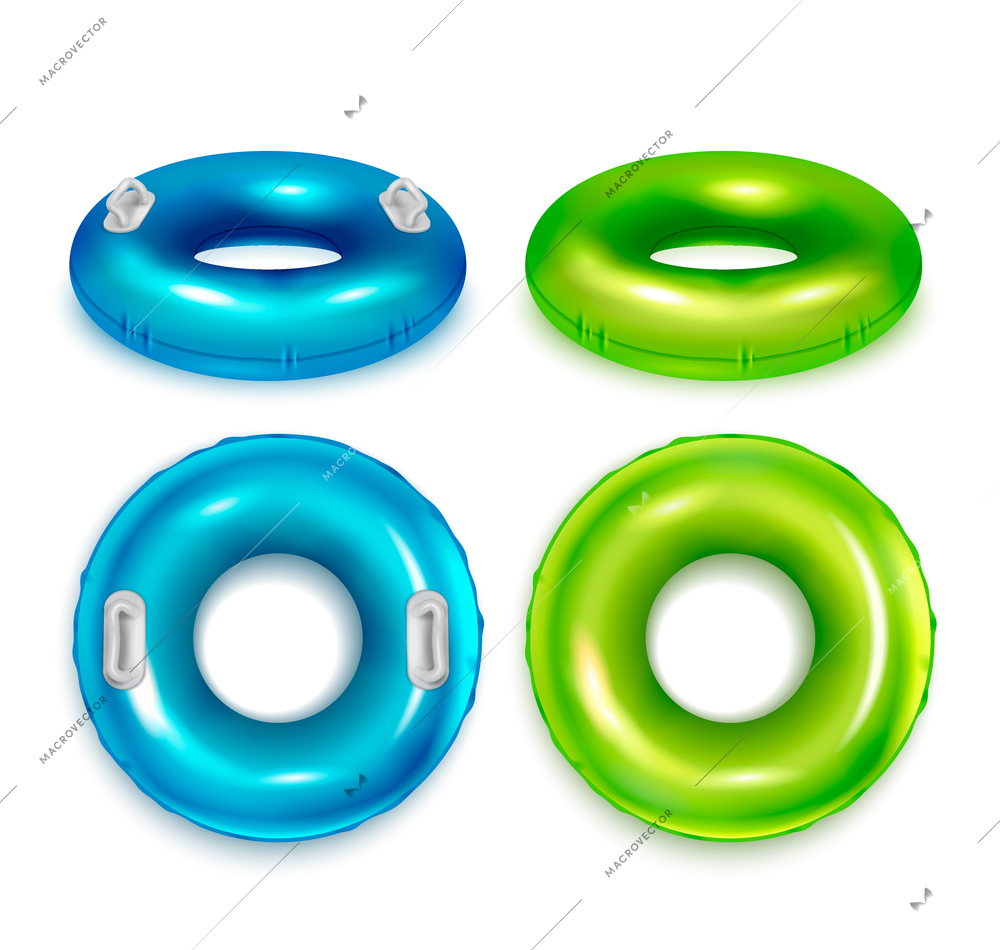 Inflatable modern colorful rubber swimming rings realistic set top and side view blue green isolated vector illustration