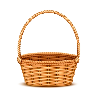 Traditional willow wicker basket with handle empty closeup realistic isolated image against white background vector illustration
