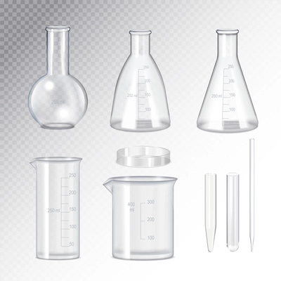 Laboratory quality scientific glassware collection realistic set with test tubes flasks beaker transparent background isolated vector illustration