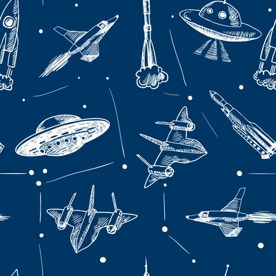 Space aircraft rocket and ufo flying in stars sketch seamless pattern vector illustration