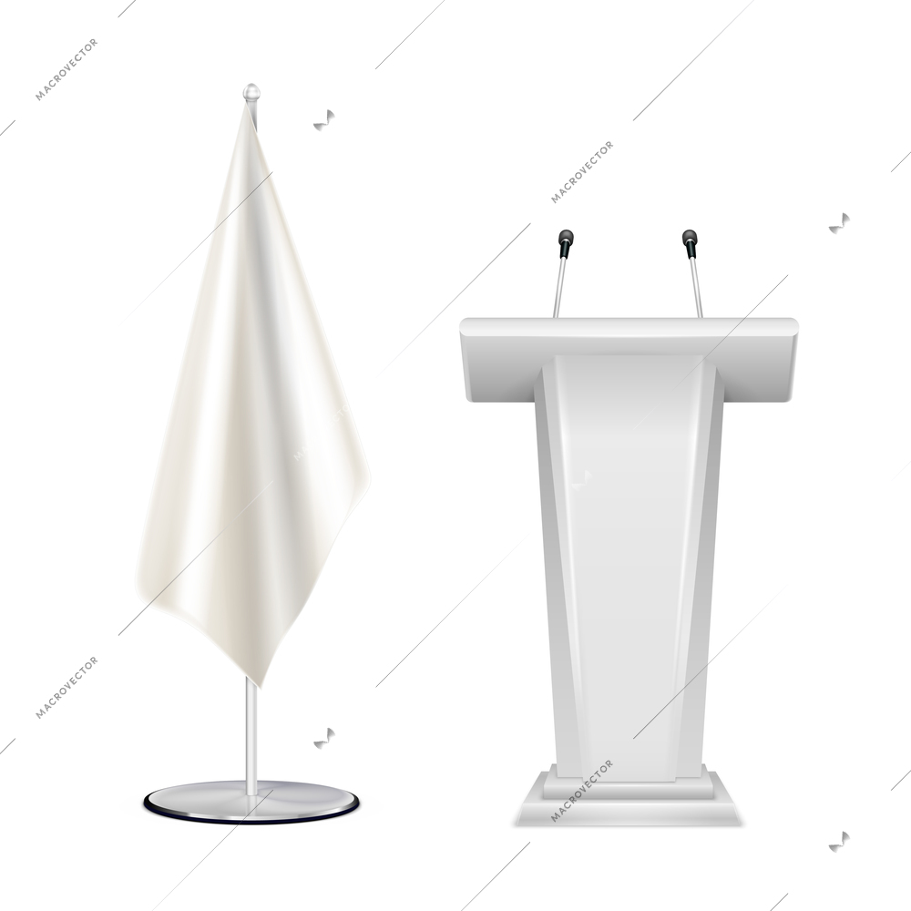 Tribune rostrum speech stand with 2 microphones and flag realistic blank white closeup composition isolated vector illustration