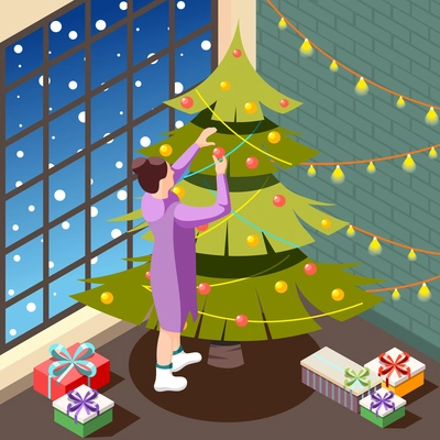 Christmas eve in cozy home interior isometric background with female person decorating holiday tree vector illustration