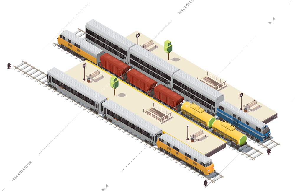 Railway station isometric composition with passenger platforms tunnel staircase entrance freight train and double decker vector illustration