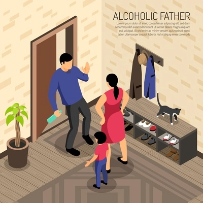 Alcoholic father incoming in apartment with bottle in hand and mother with child isometric vector illustration