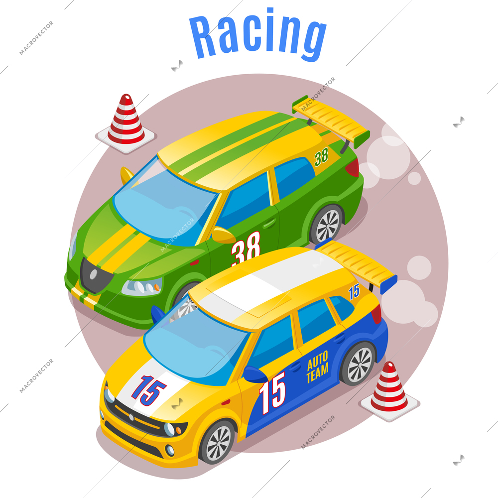 Racing sports concept with racing track and cones symbols isometric vector illustration