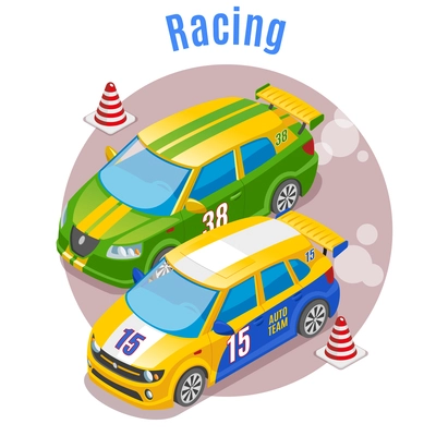 Racing sports concept with racing track and cones symbols isometric vector illustration