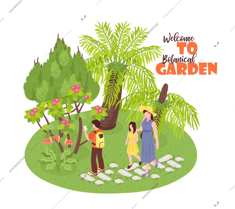 Isometric botanical garden background with view of wild nature park walking human characters and ornate text vector illustration