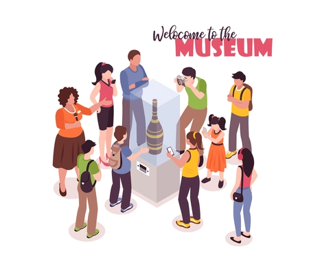 Isometric guide excursion background with ornate text and group of tourists taking photos of ancient exhibit vector illustration