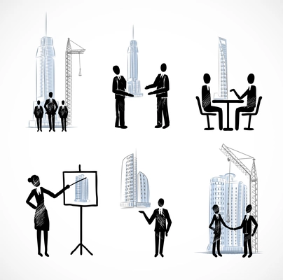 Set of the management business sketch people on presentation deal project of buildings vector illustration