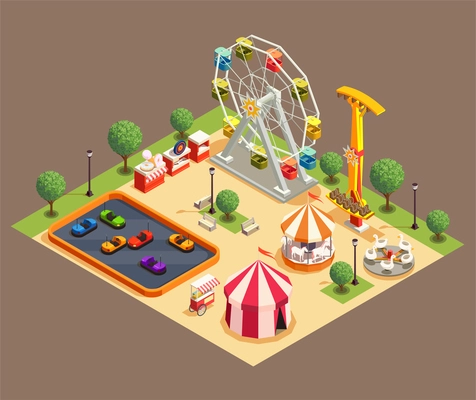 Amusement park colorful composition with circus and various attractions 3d isometric vector illustration