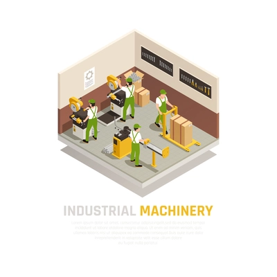 Industrial machinery isometric composition with factory workers symbols  vector illustration