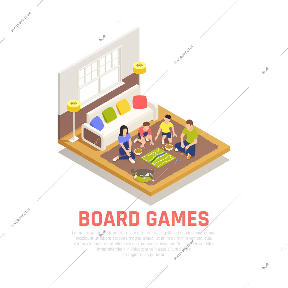 Board games concept with family evening symbols isometric vector illustration