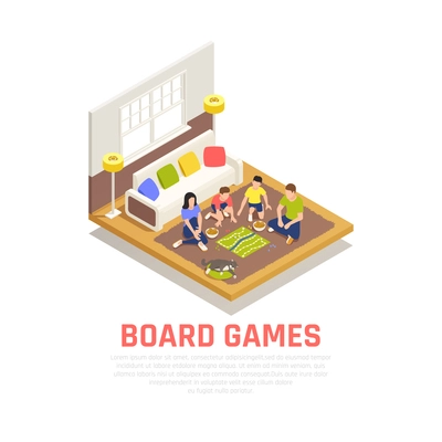 Board games concept with family evening symbols isometric vector illustration