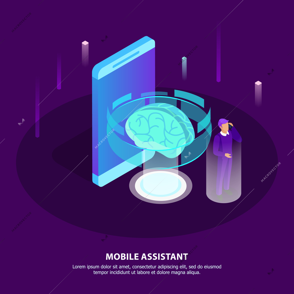Mobile assistant isometric poster with glow brain as symbol artificial intelligence and man getting necessary information with mobile app in his smartphone vector illustration