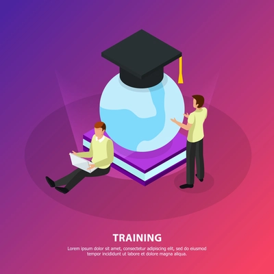 Online training without borders isometric background with people looking at glow globe covered with square academic cap vector illustration