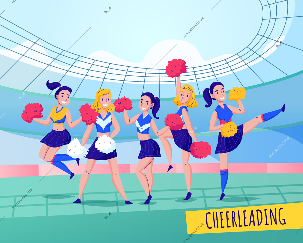 Fans cheering team colored composition team activity with five girls in uniforms vector illustration