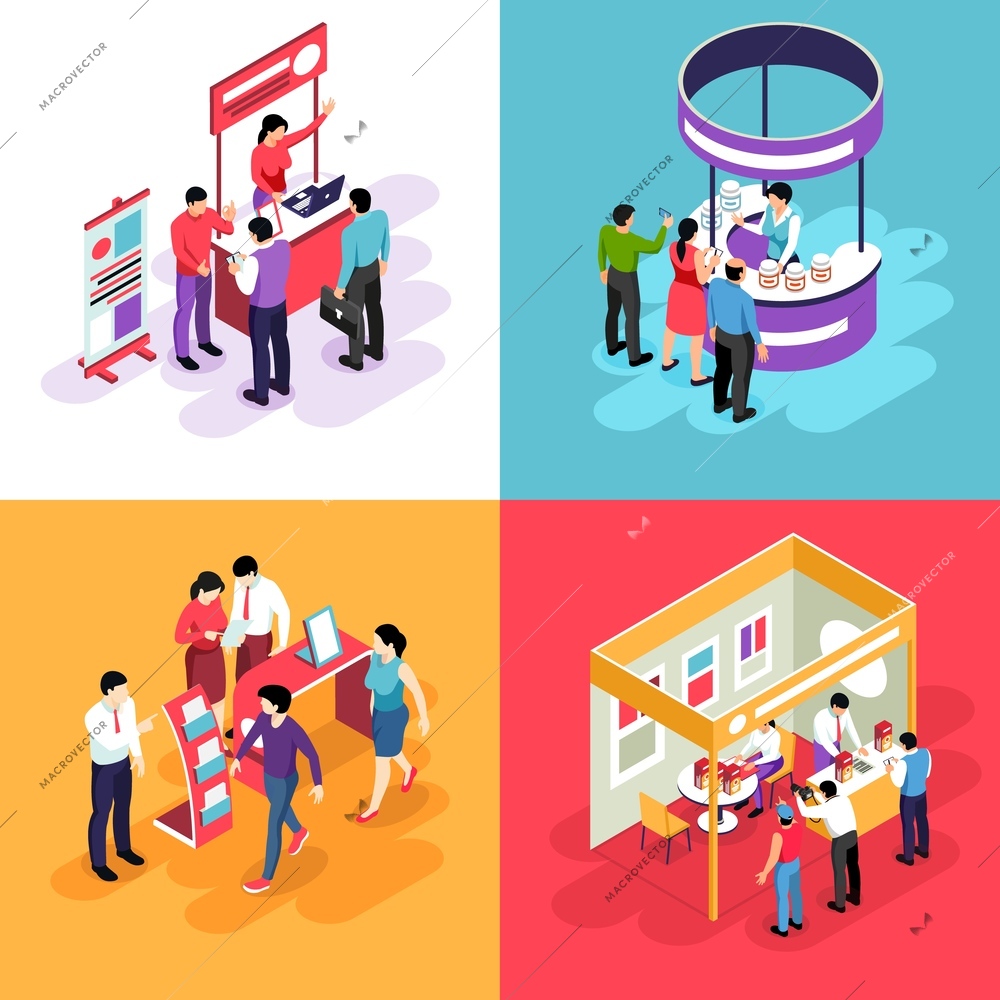 Isometric expo design concept with images of exhibit stands and people characters looking into exhibition booths vector illustration