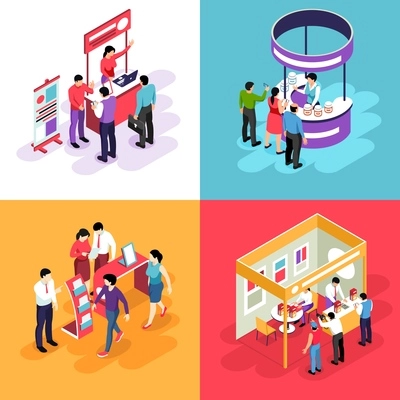 Isometric expo design concept with images of exhibit stands and people characters looking into exhibition booths vector illustration