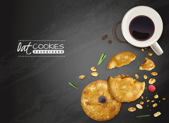 Oat cookies black background with top view cup of coffee and crumble cookies and berries vector illustration