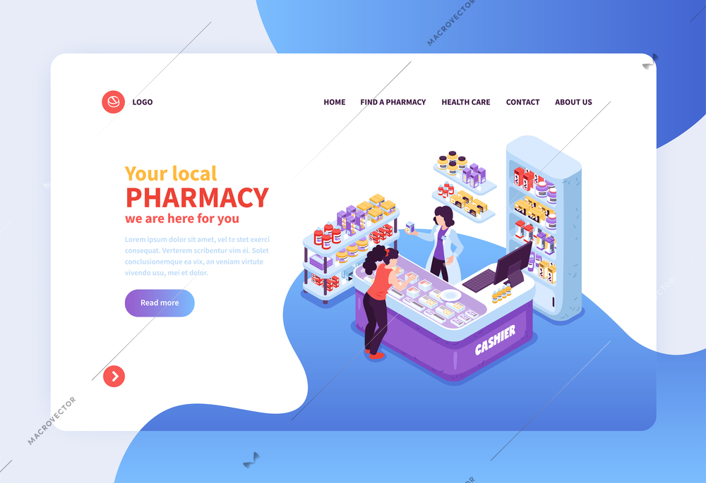 Concept banner with customer and cashier workplace in local pharmacy 3d isometric vector illustration