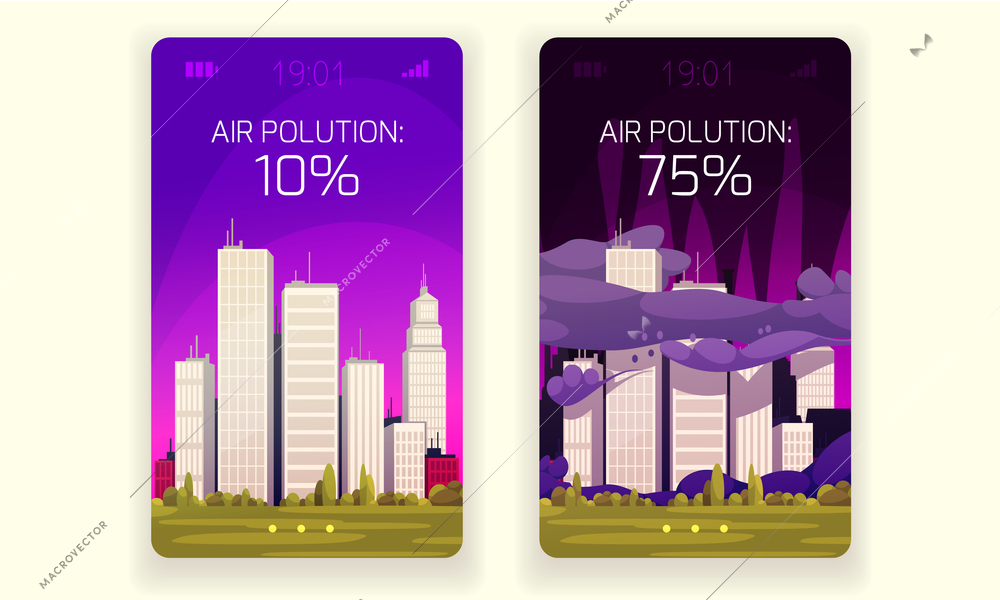 Ecology design concept with clean city and air pollution compositions on smartphone screens  vector illustration