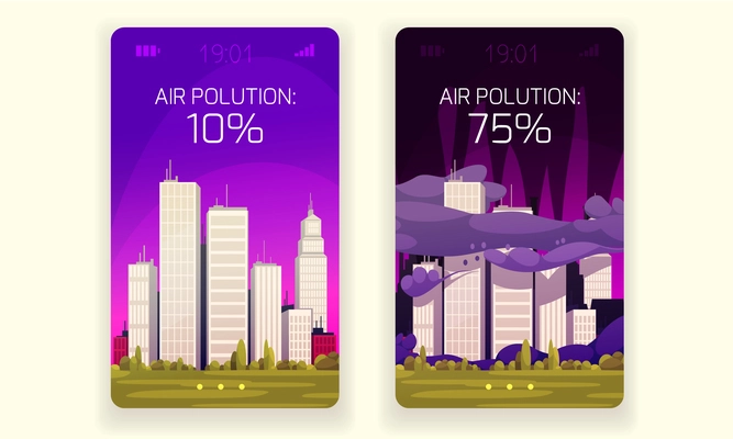 Ecology design concept with clean city and air pollution compositions on smartphone screens  vector illustration