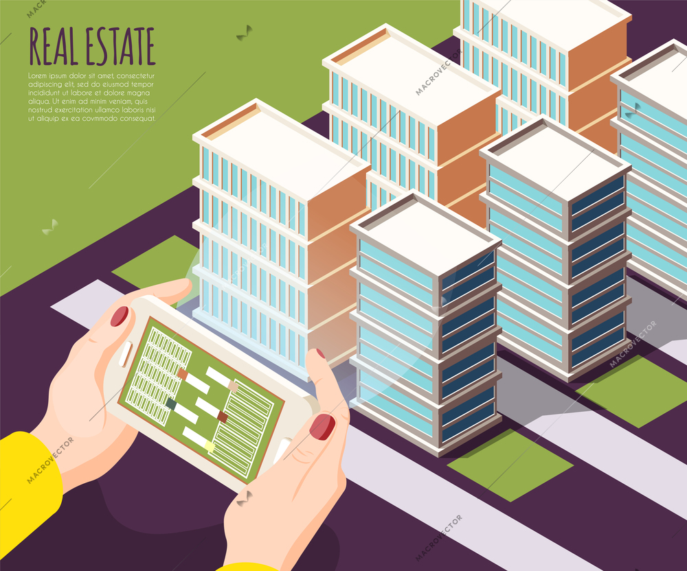 Real estate augmented reality isometric and colored background with apartments in big city vector illustration