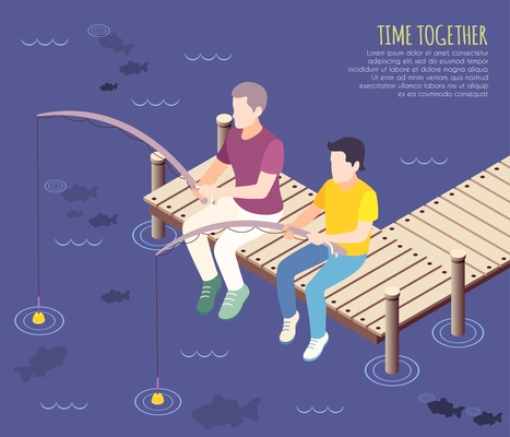 Time together isometric and flat background with two friends are fishing together vector illustration