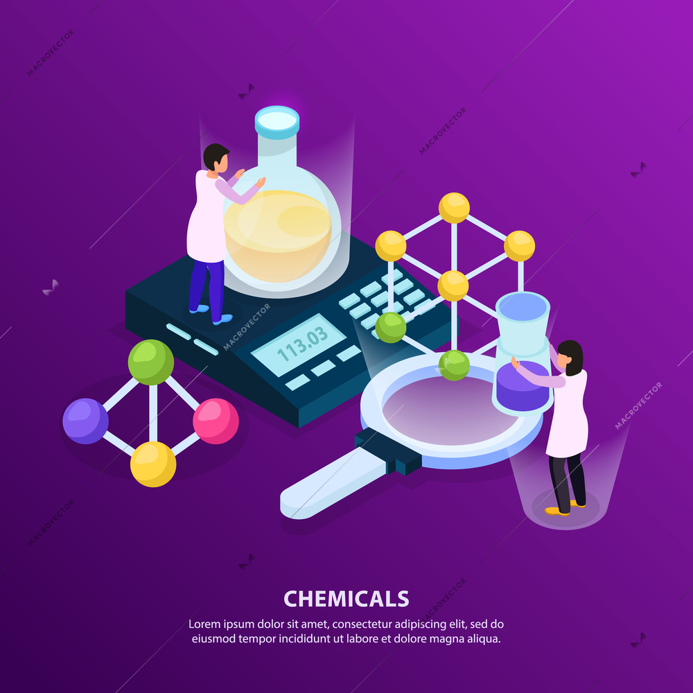 Science research isometric glow bacjground with people characters holding various objects tubes and scales with text vector illustration