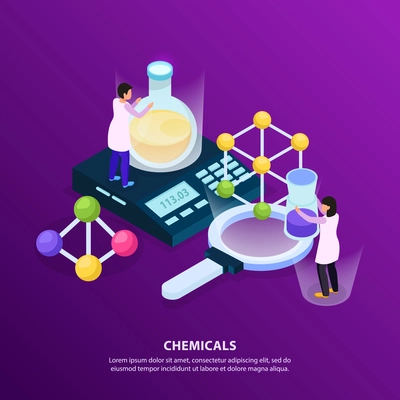 Science research isometric glow bacjground with people characters holding various objects tubes and scales with text vector illustration