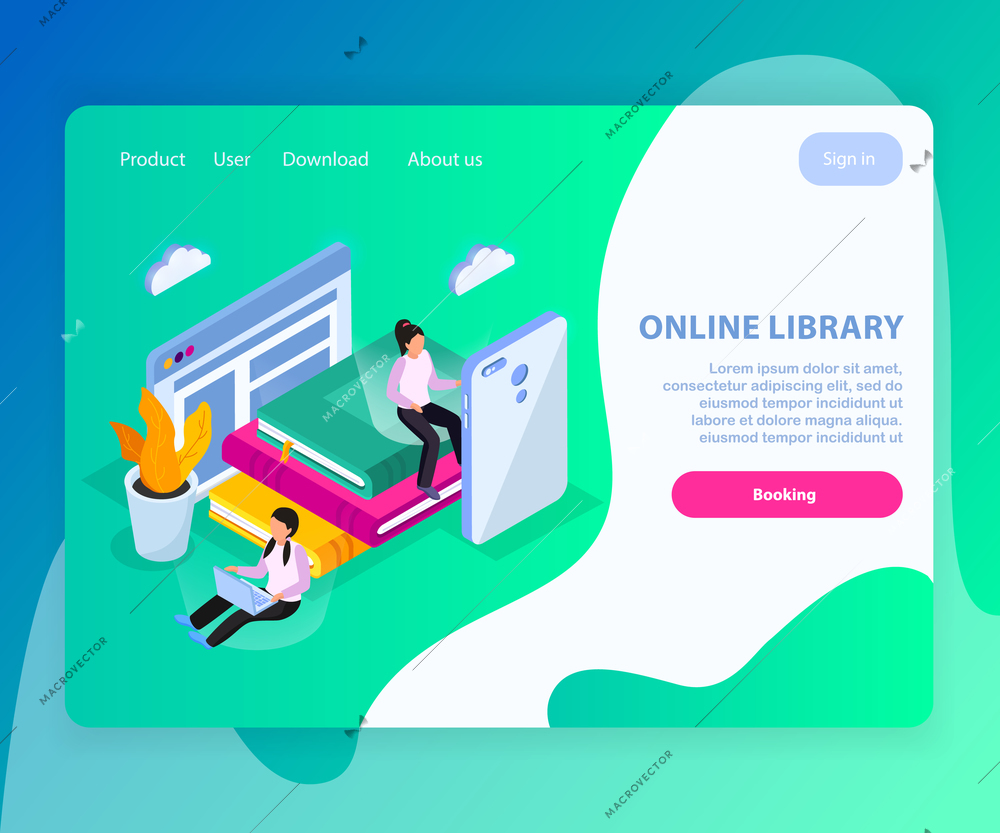 Online library isometric landing page website design with clickable links and buttons editable text and images vector illustration