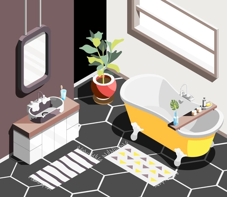 Loft interior isometric background with modern bathroom environment with horizontal window bath and sink with mirror vector illustration