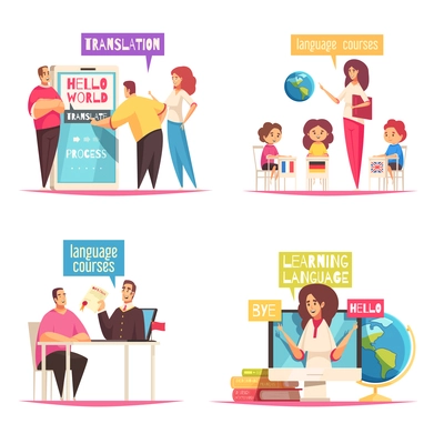 Language center concept 4 flat cartoon compositions with online training  dictionaries and children group course vector illustration