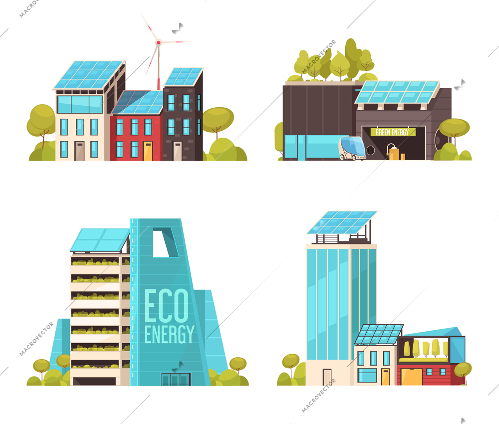 Smart city technology infrastructure services concept 4 flat compositions with eco energy using facilities isolated vector illustration