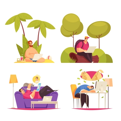 Freelance remote flexible work 4 cartoon concept compositions with writing under palm chatting on sofa vector illustration