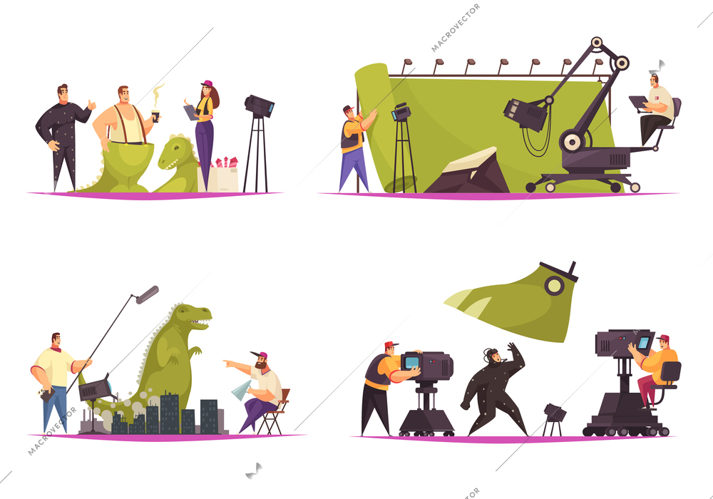 Cinema movie film production concept 4 comic flat compositions with shooting actor in dinosaur costume vector illustration