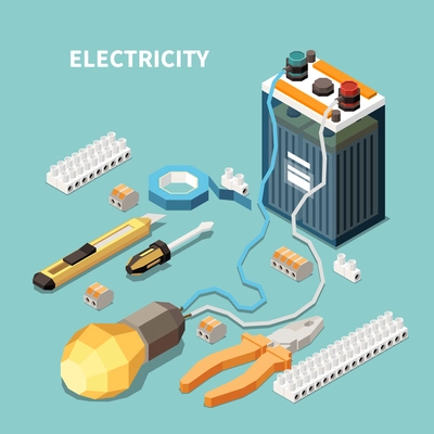 Electricity isometric composition with images of electric equipment and tools with accumulator battery connected to lamp vector illustration