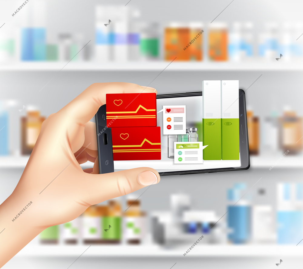 Virtual and augmented reality apps in medicine realistic composition with holding smartphone hand choosing medication vector illustration